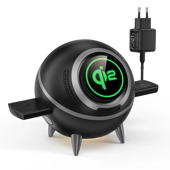 Black and gray wireless charging station with Beeasy logo on a white background