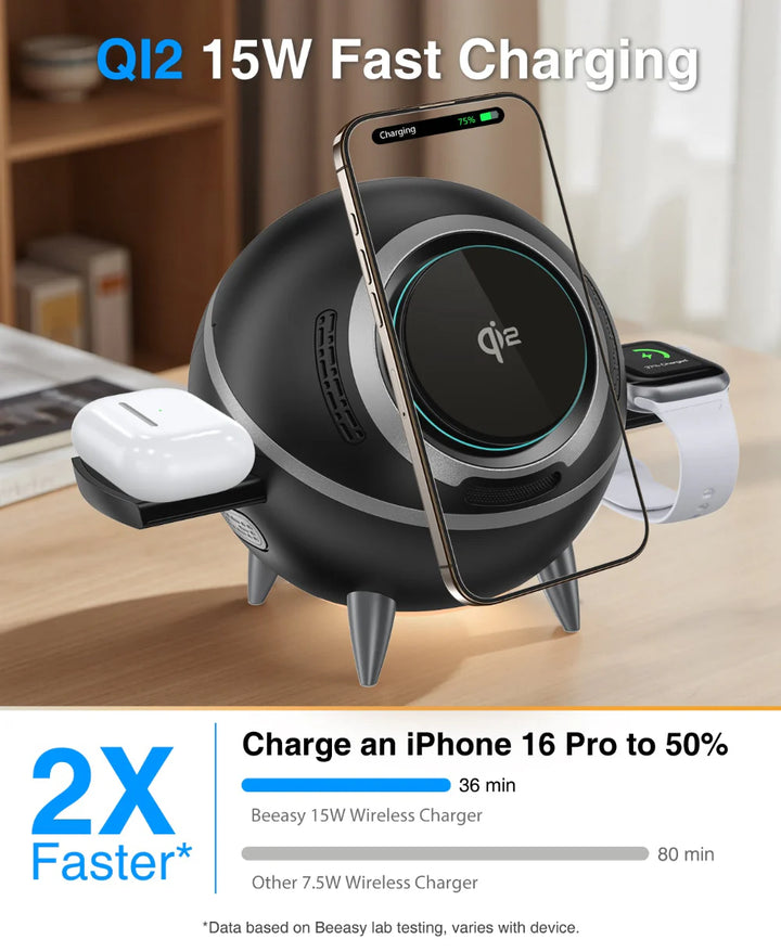 Wireless charging station with smartphone, Apple Watch, and AirPods on a wooden surface.