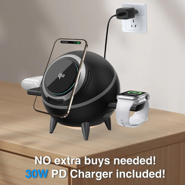 Multi-device charging station with smartphone, smartwatch, and power adapter on a wooden surface.