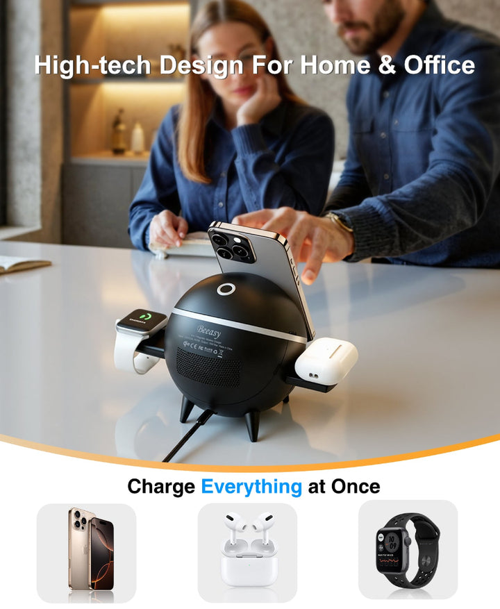 Multi-device charging station on a table with people in the background, emphasizing high-tech design for home and office.