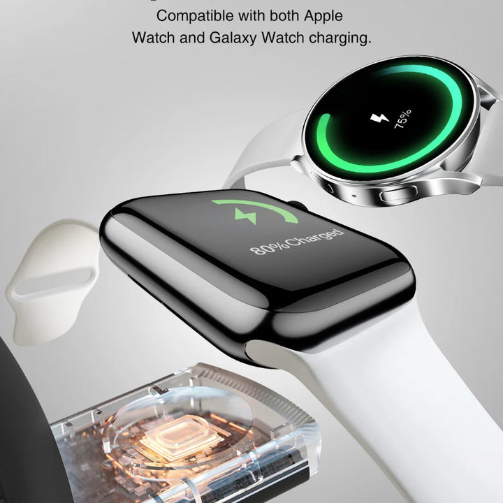 Smartwatch charging pod with compatibility text on a white background