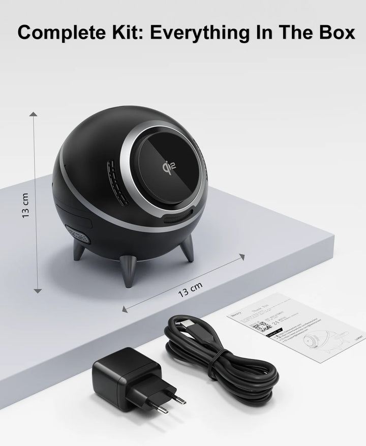 Black and gray wireless charging station, power adapter, and cable on a white surface with measurements.
