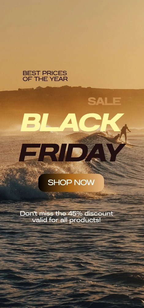 Black Friday sale advertisement with a surfer on a wave at sunset.