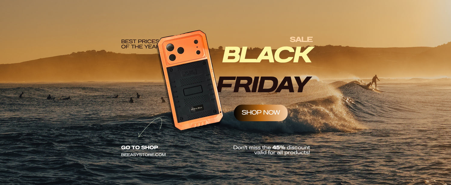 iPhone waterproof case with Black Friday sale over a beach scene with people surfing.